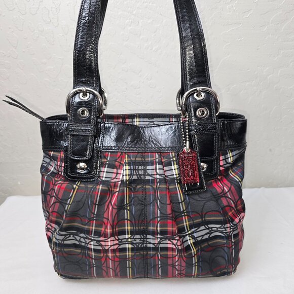 COACH F15467 Poppy Tartan Plaid Signature Glam Glitter Shoulder Tote FLAWLESS! - Picture 9 of 13